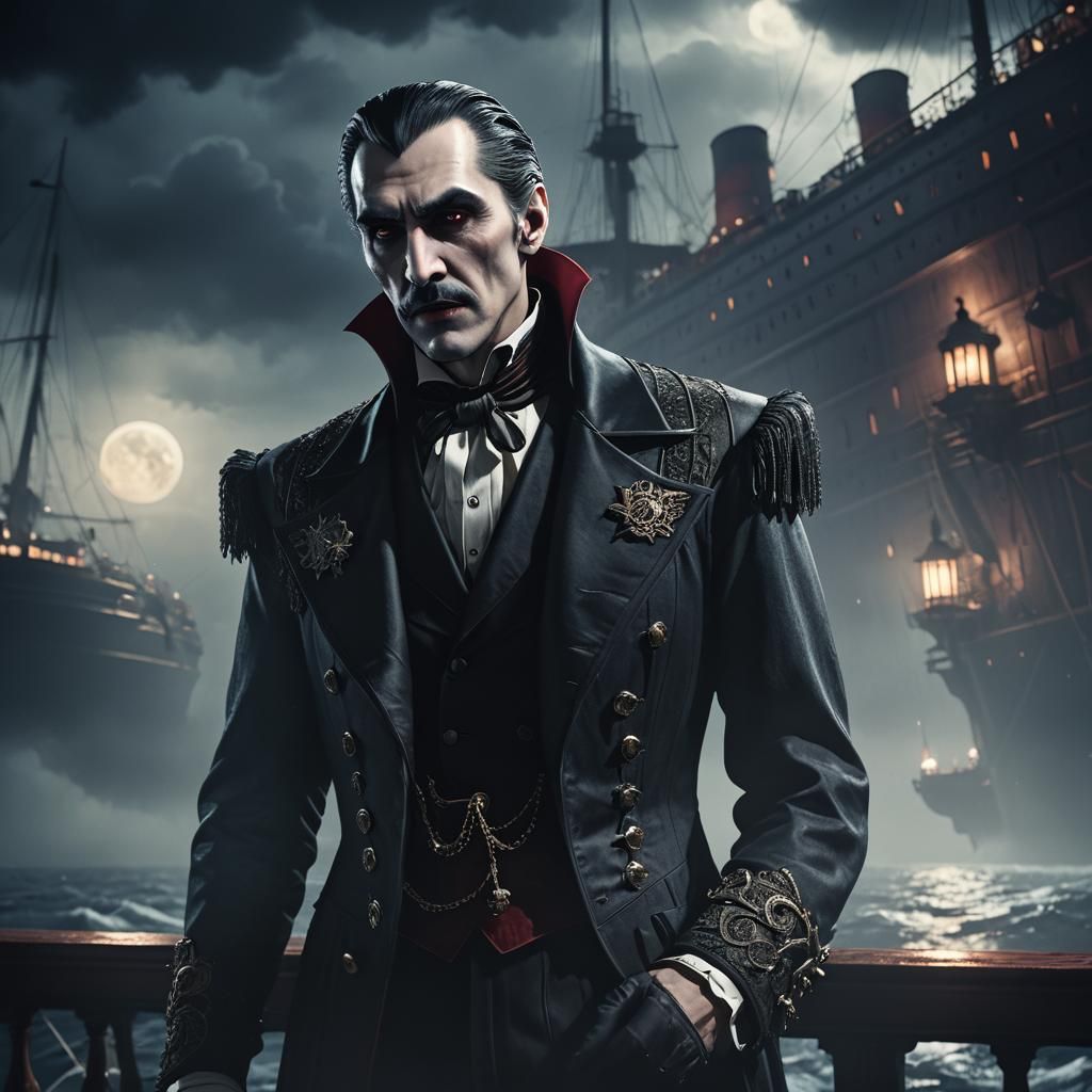 Dracula on Titanic Deck in 3D Anime Style