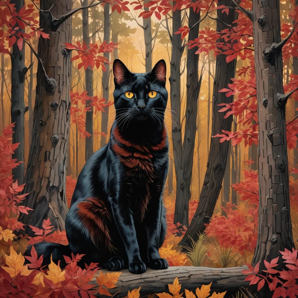 Bombay Cat in Autumn Forest Illustration