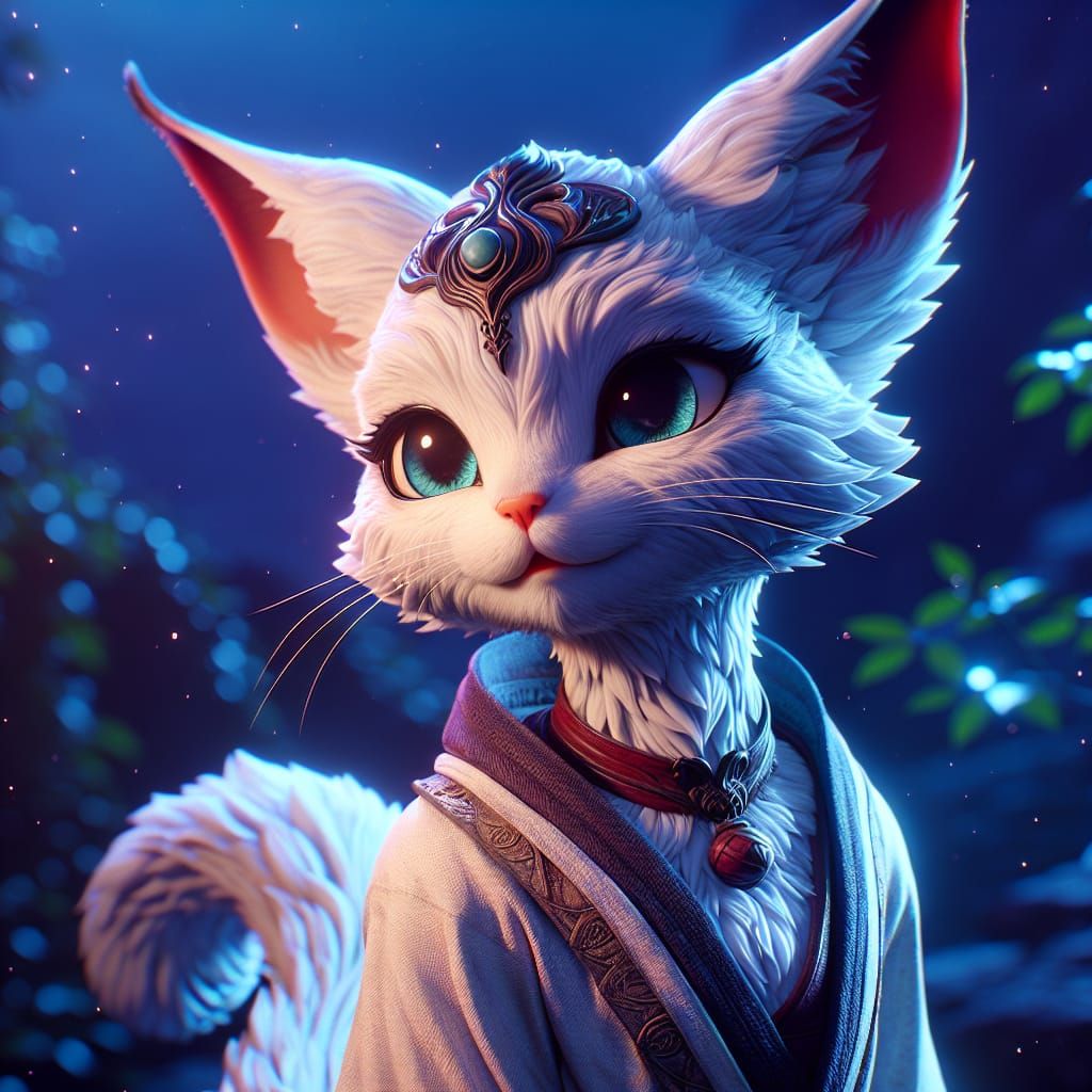 Enchanting White Cat Character in Vibrant Fantasy Art
