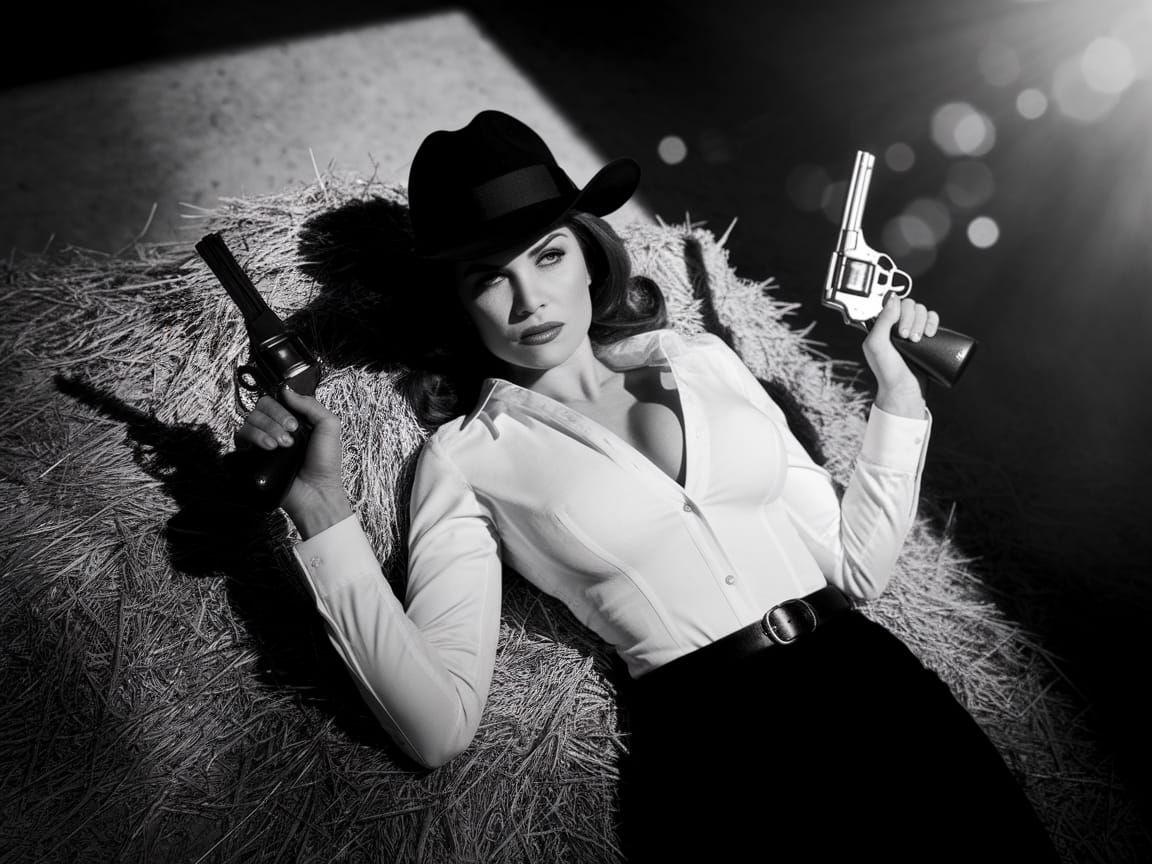 Film Noir: Woman with Revolvers in Dramatic Lighting