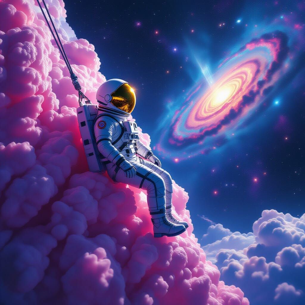 Astronaut Tethered to Sugar-Rock Amidst Swirling Nebulae