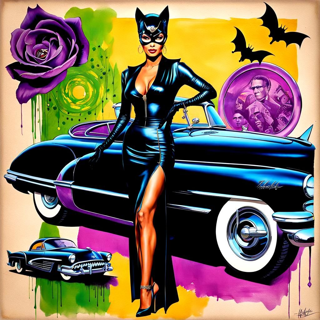 1950s Pin-Up With Batmobile, Alcohol Ink Style