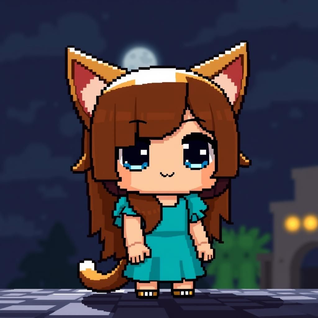 Minecraft Style Chibi Catgirl with Cyan Dress