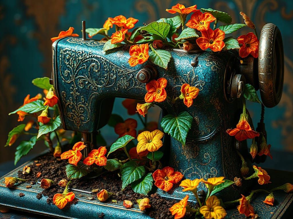 Plants Growing from Sewing Machine with Glitter Effect