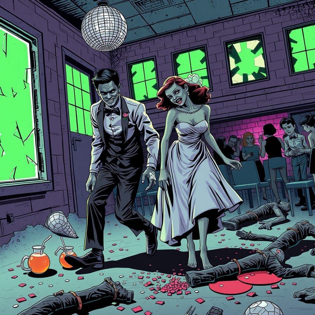 Zombie Couple at 1950s Prom in Gothic Horror Style