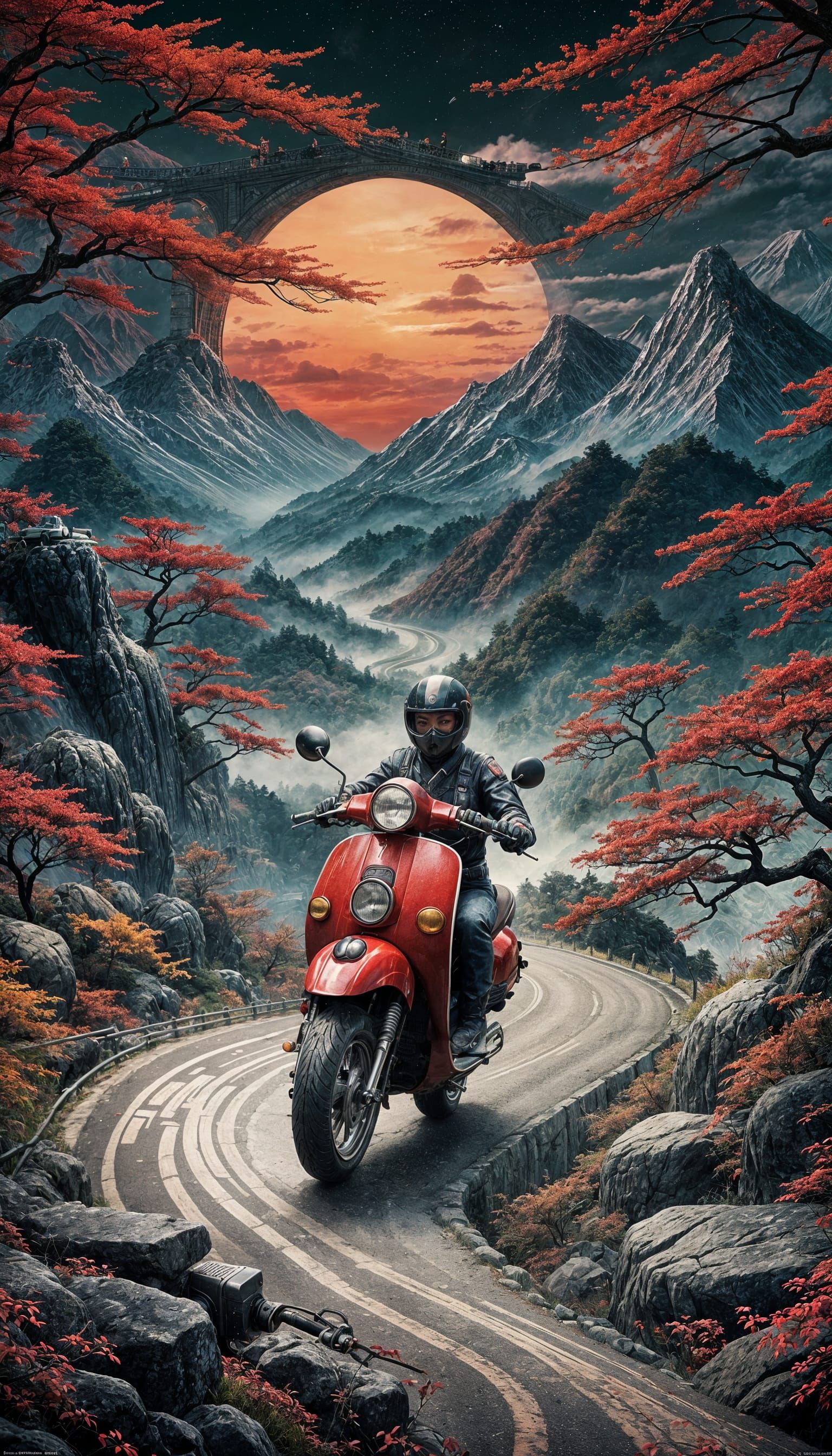 Retro Scooter Tattoo on Mountain Road