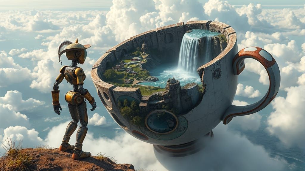 Robot Overlooking Fantasy Kingdom in Giant Teacup