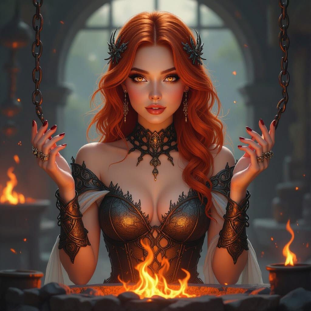 Enchanted Forge: Woman with Sunset Hair in Fantasy Art Style