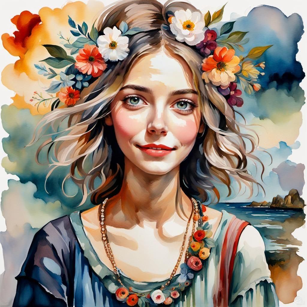 Young Woman in Gouache Watercolor Impressionist Style