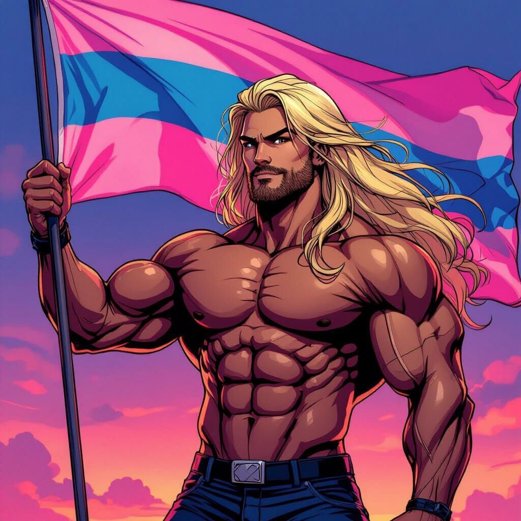 Trans Bodybuilder with Flag and Blonde Hair
