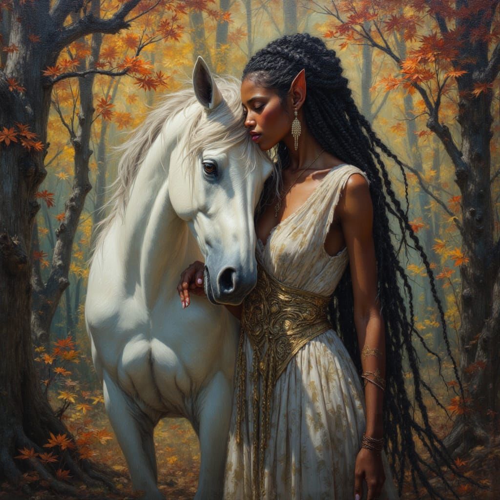 Elven Model with Unicorn in Haunted Forest