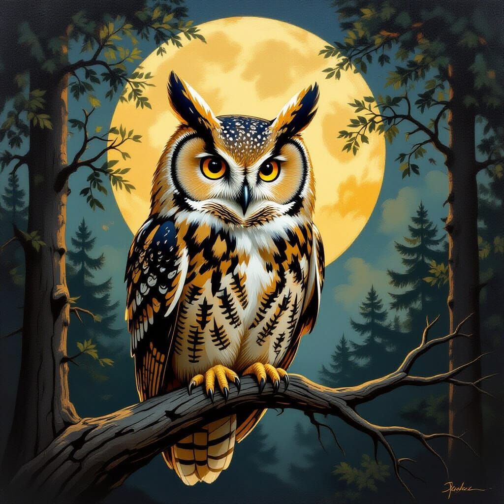 Wise Owl in Moonlit Forest: Golden Age Portrait