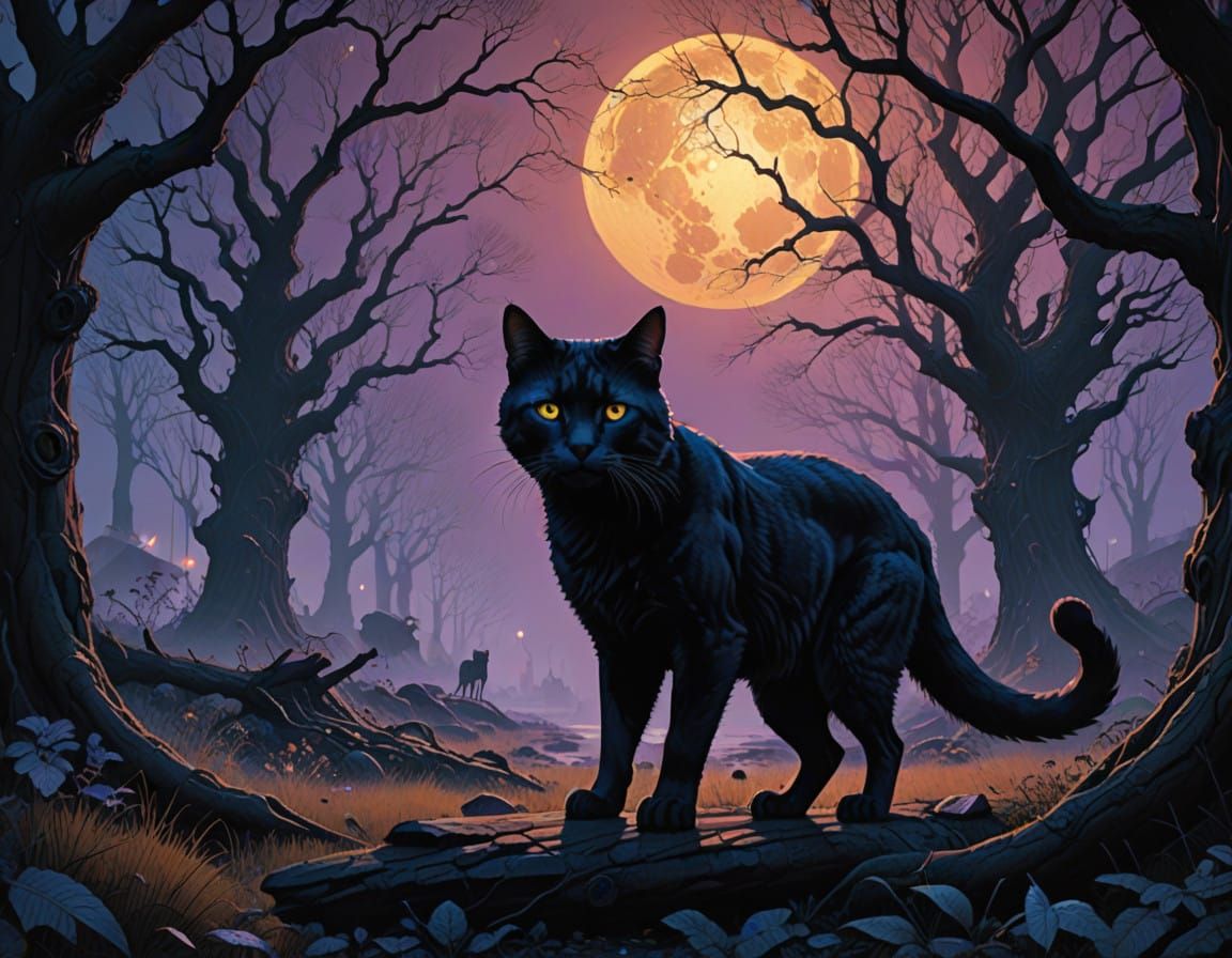Midnight Feline Stalking Surreal Landscape