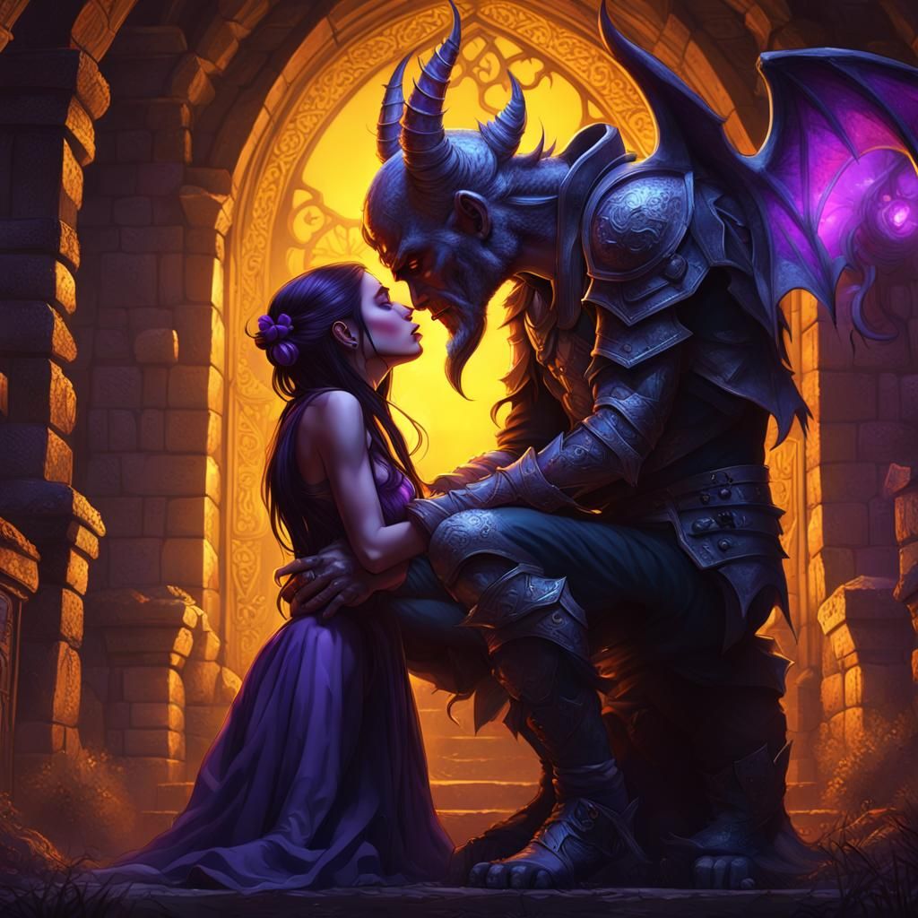 Cute Girl Kisses Demon Boy: Dark Fantasy Art