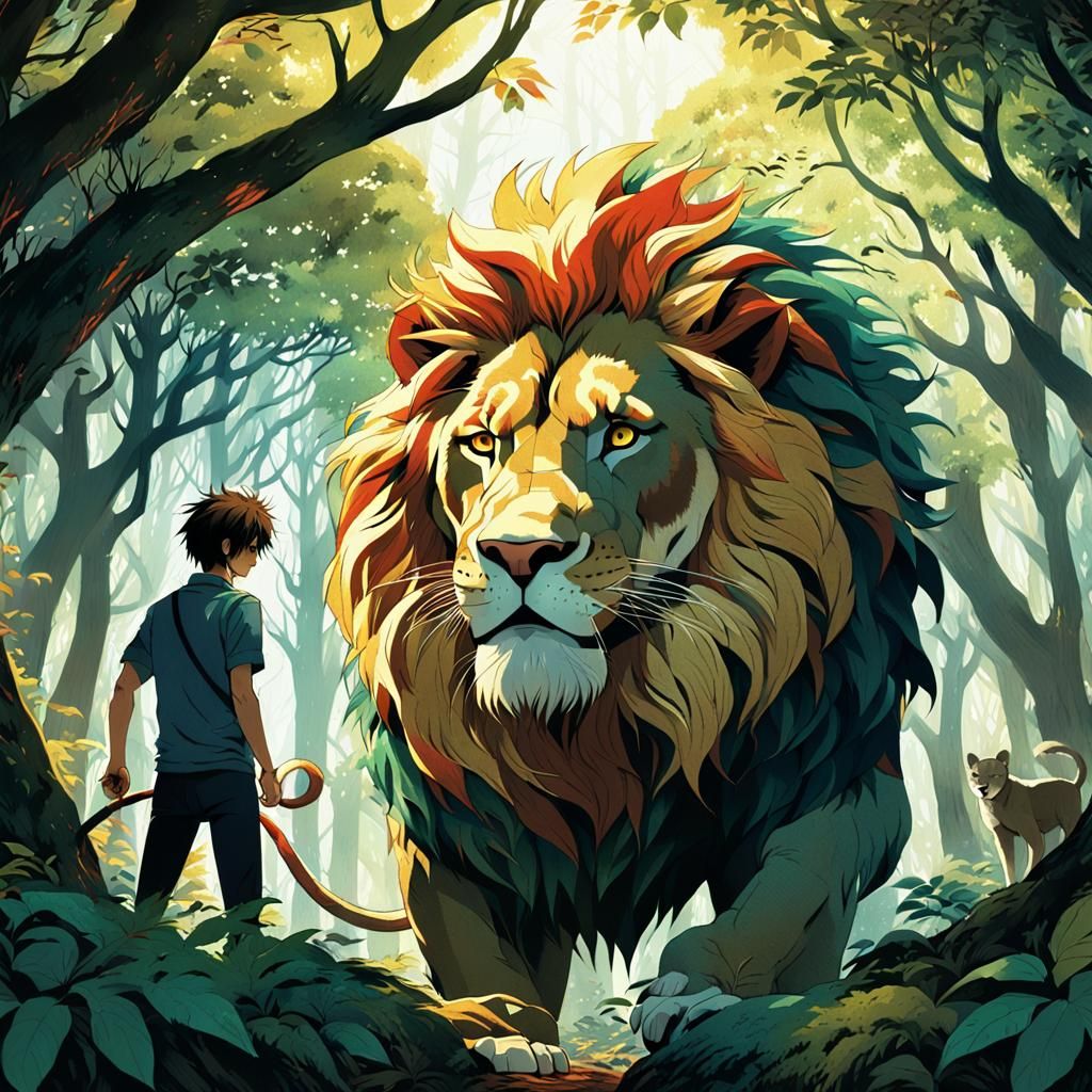 Man Merging with Lion in Manga Anime Forest