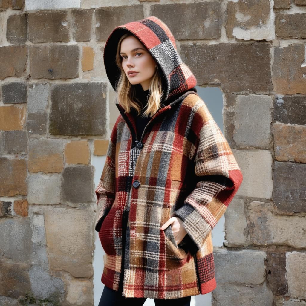 Knitted Tweed Caban with Hood in Vichy Style