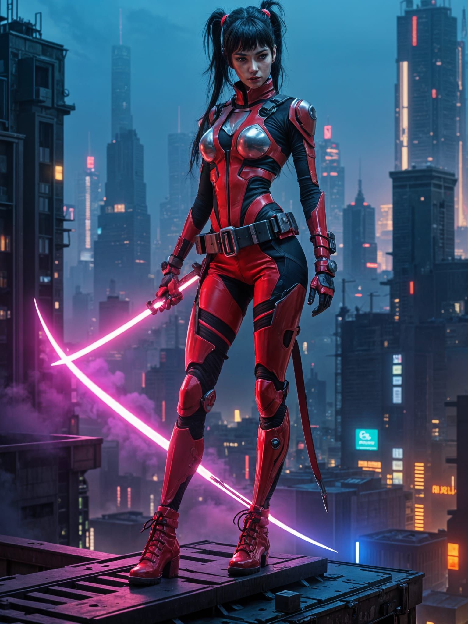 Cyberpunk Samurai Warrior in Modern Armor at Night