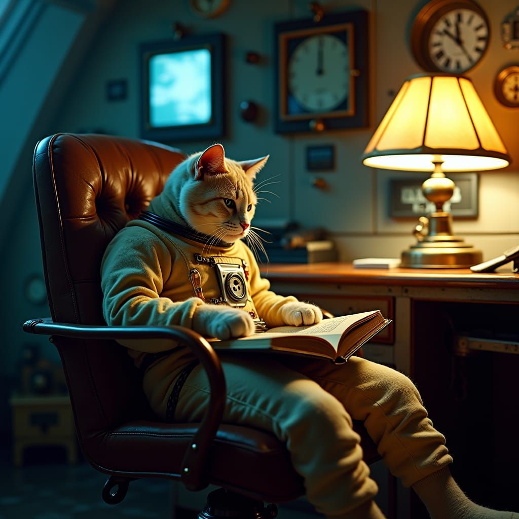 Astronaut Cat Reading in Spaceship, Soviet Sci-Fi