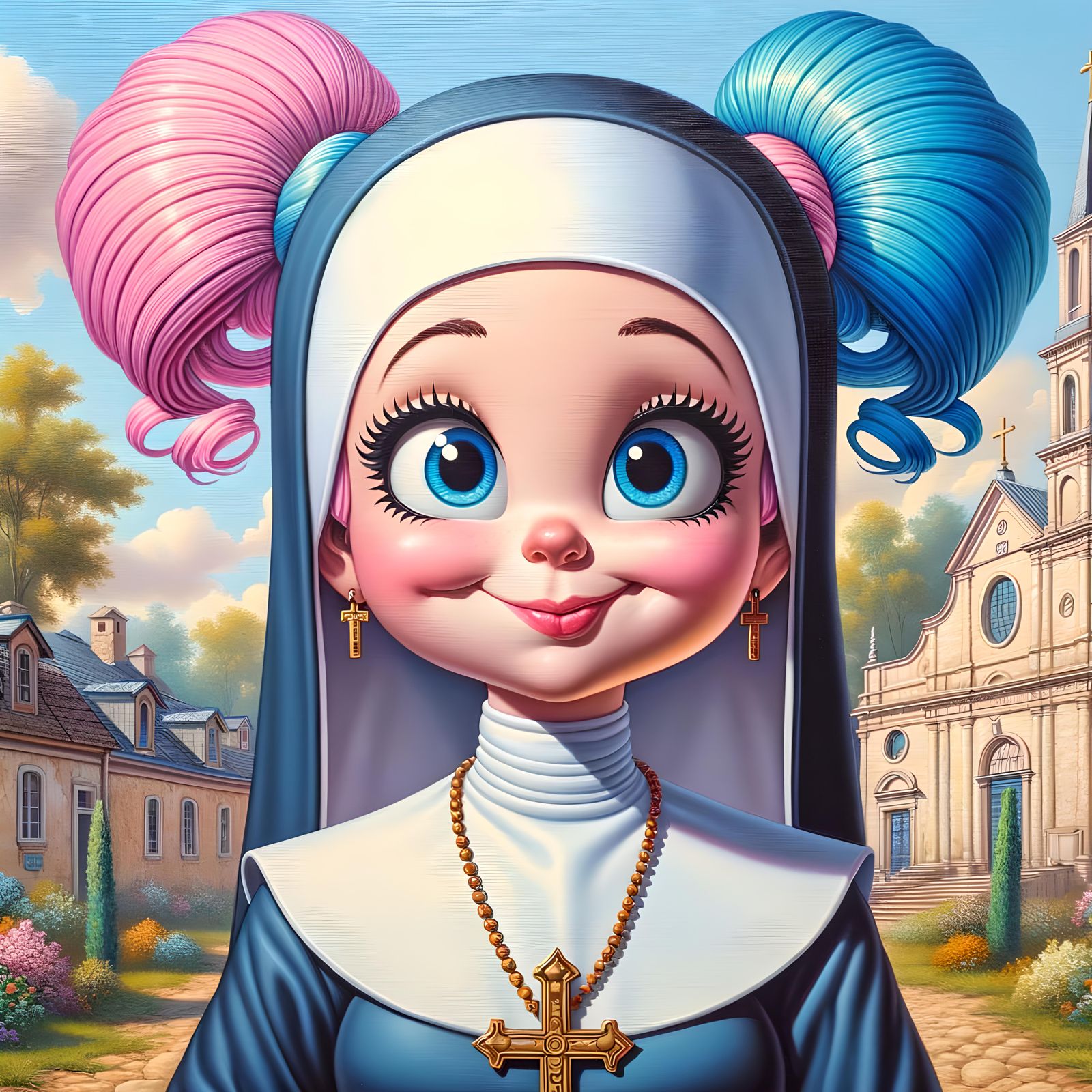 Nun Comic Character in Oil Painting