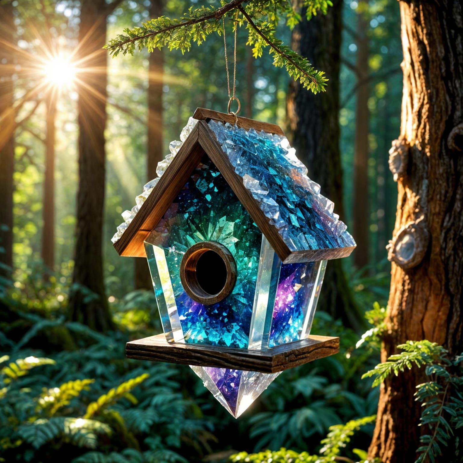 Crystal Geode Birdhouse in Sunlit Forest
