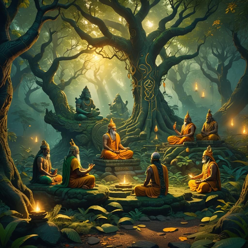 Mystical Hindu Sages in Lush Forest: Fantasy Art