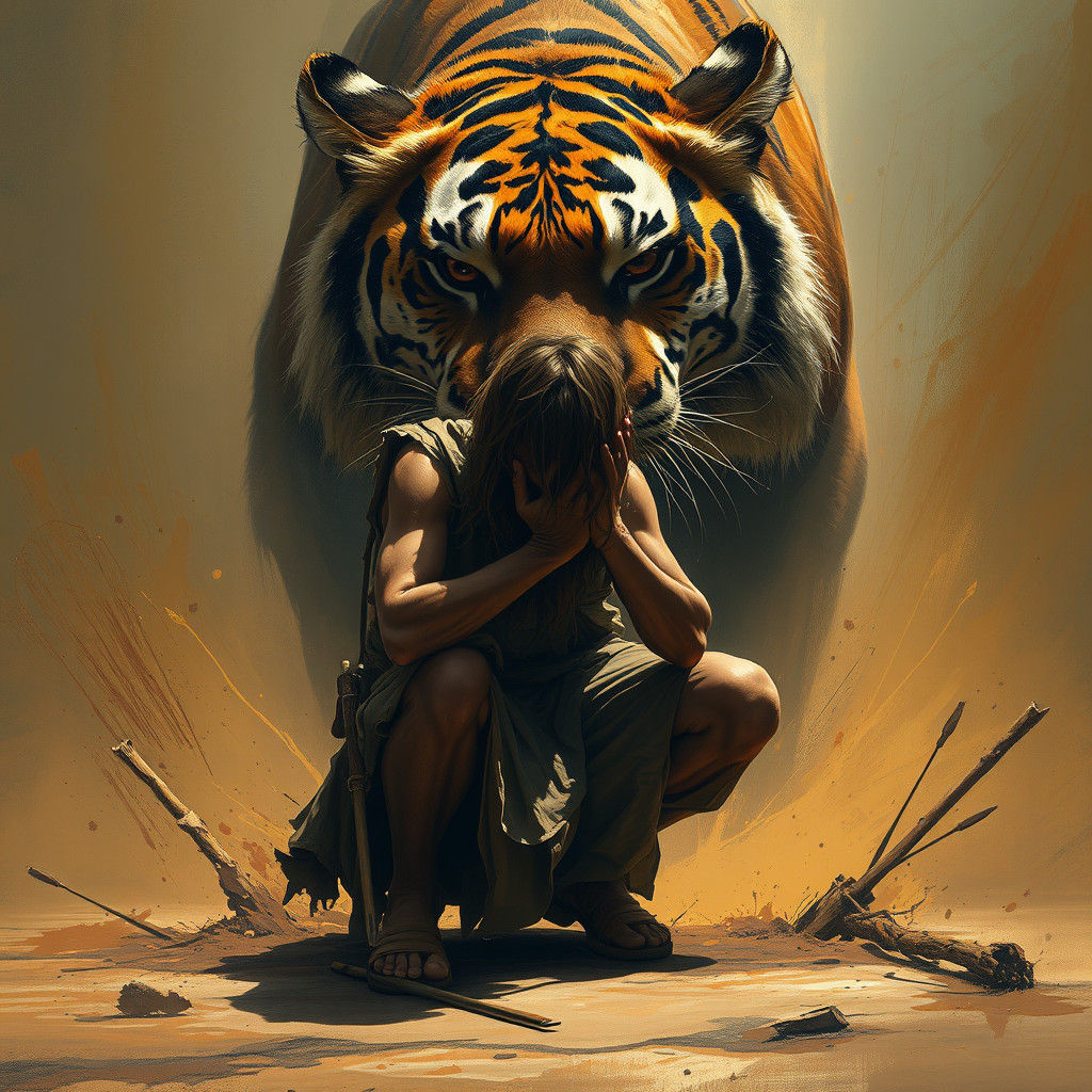 Terrified Figure Hides from Tiger, Oil Painting Style