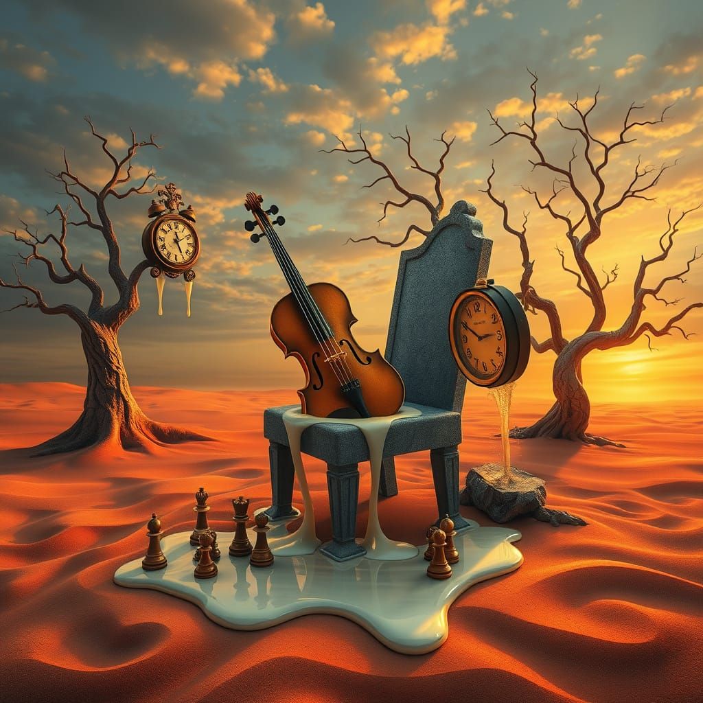 Surrealist Violin Melts in Dream Landscape