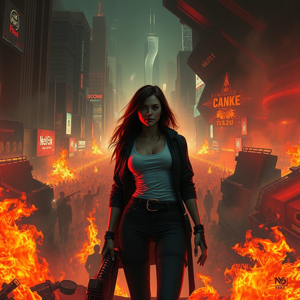 Dystopian Cityscape Ablaze: Noir-Inspired Concept Art