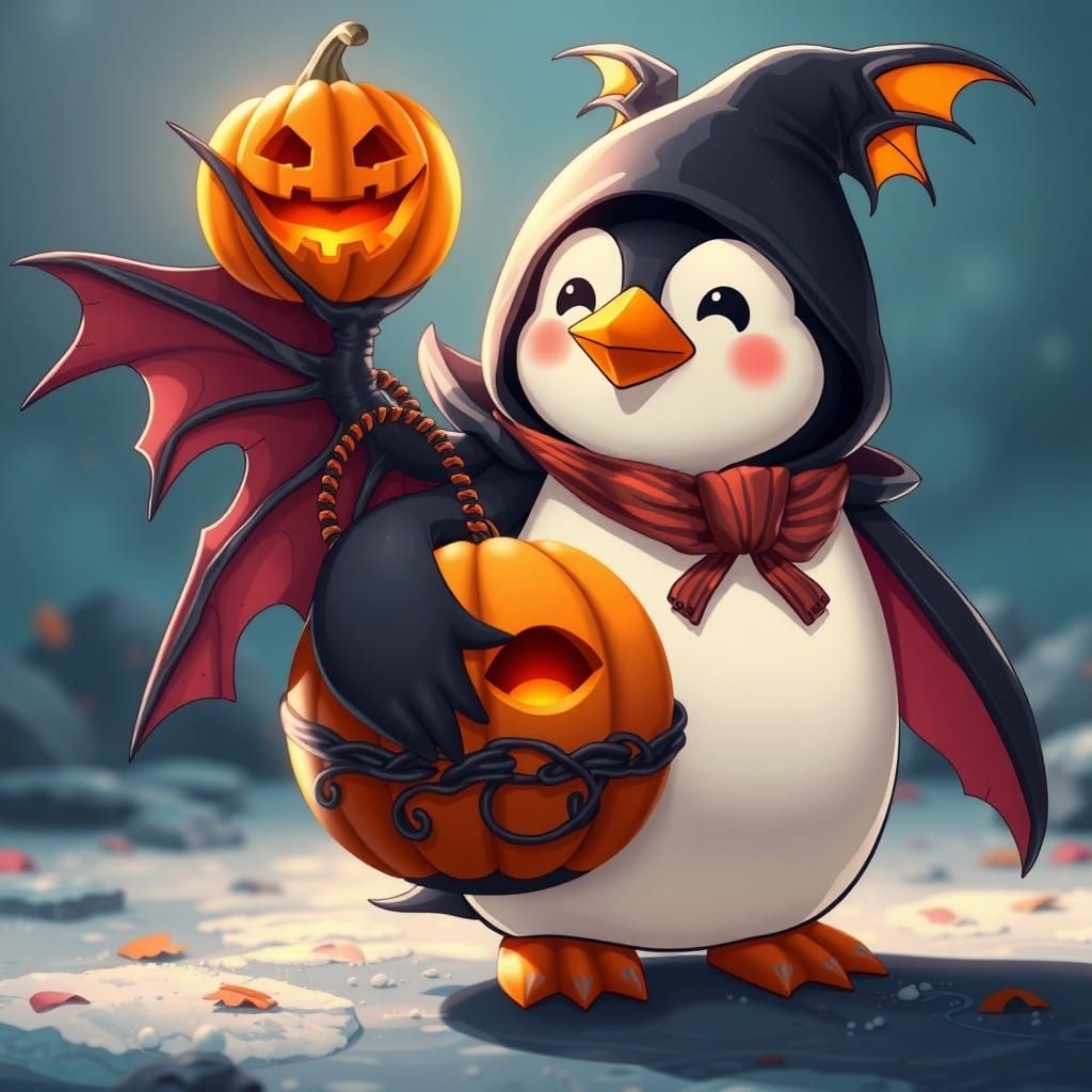 Kawaii Penguin in Demoniac Halloween Costume with Pumpkin Ba...