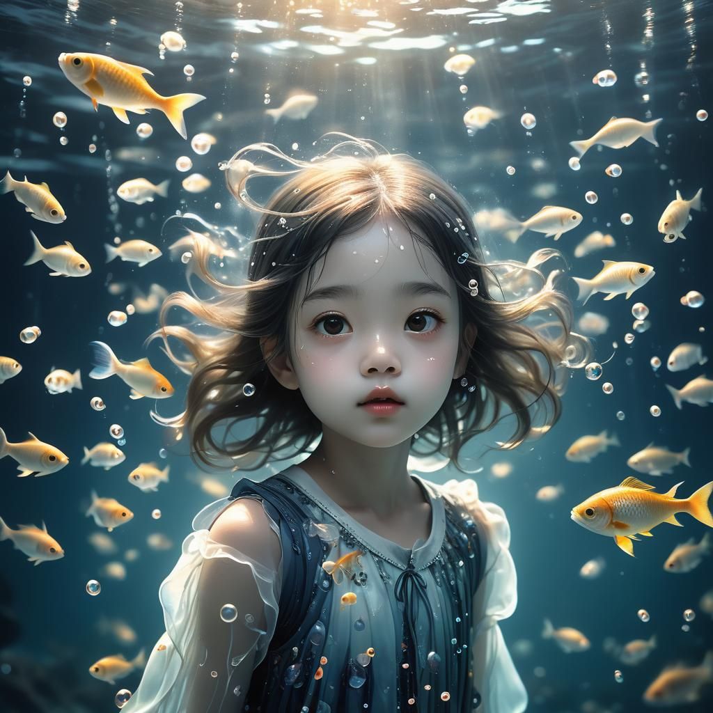 Ethereal Little Girl Lost in Bioluminescent Ocean