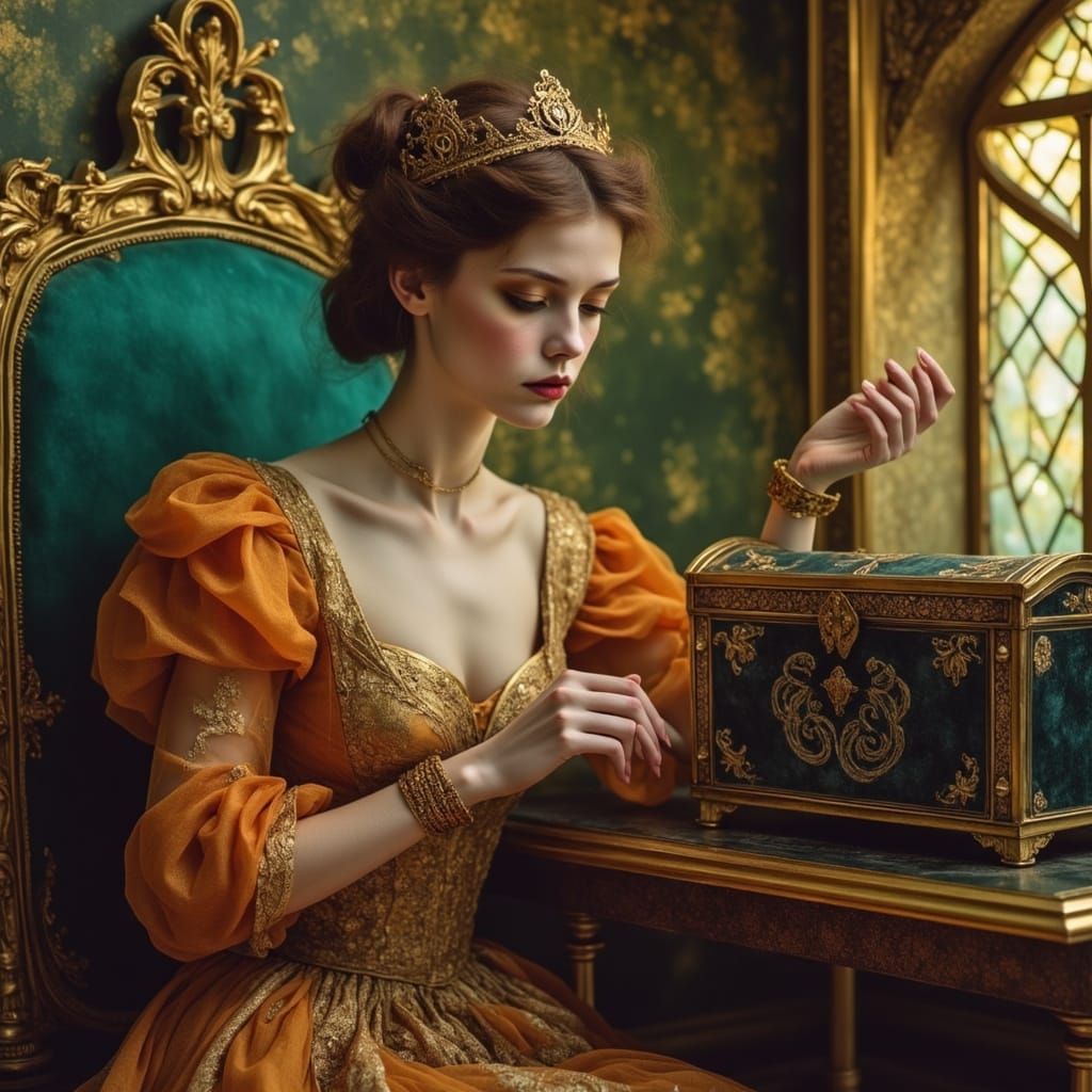 Princess Inspects Treasure Chest in Art Nouveau Style