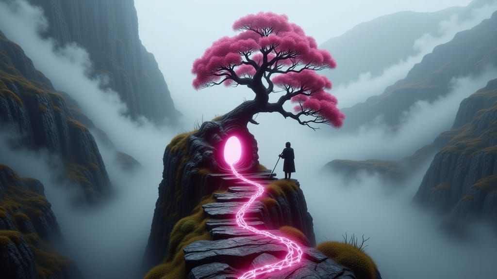 Mystical Tree Portal with Monk, Surreal Scene