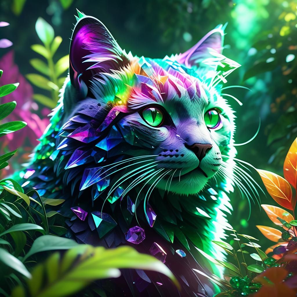 Rainbow Crystal Cat in Emerald Forest