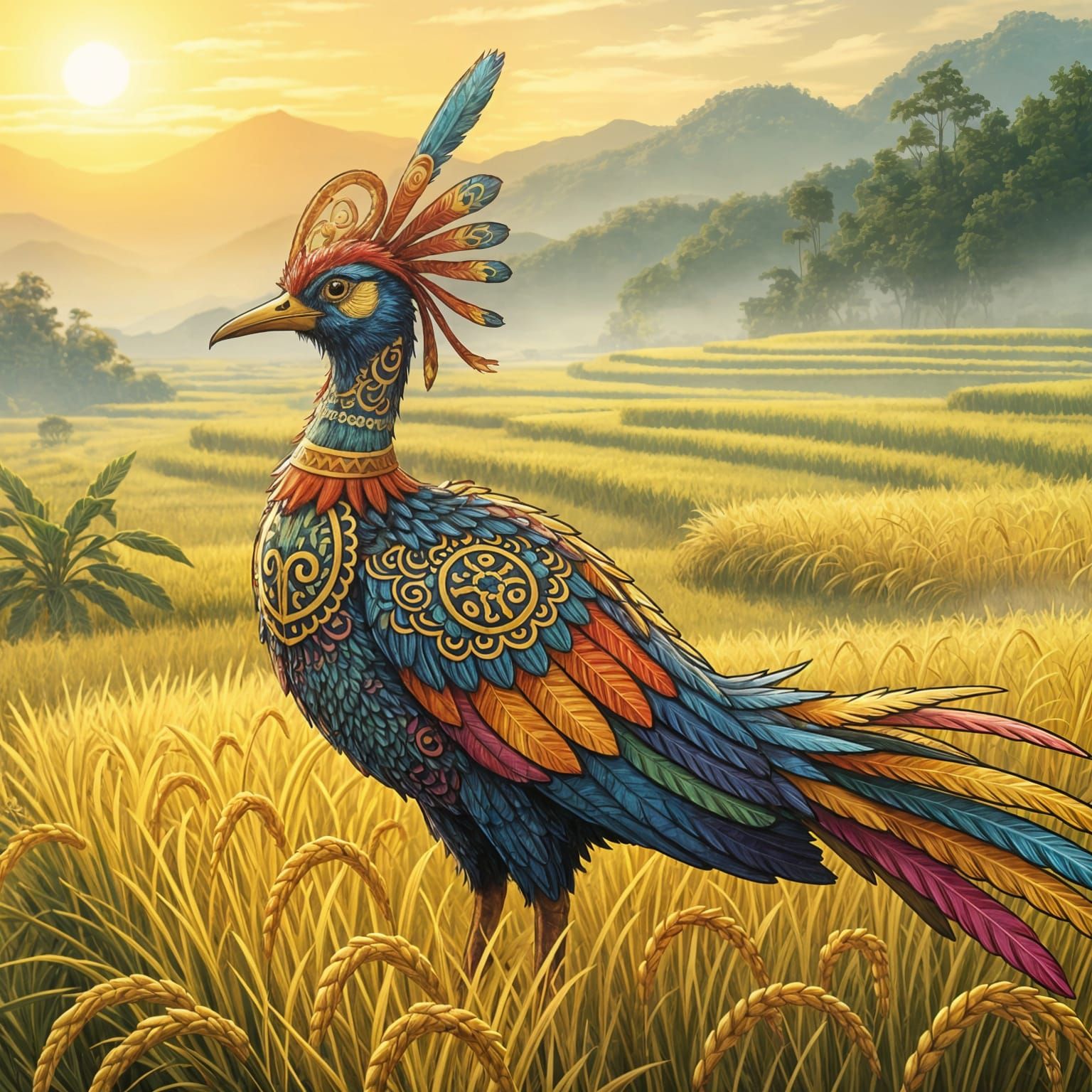 Filipino Sarimanok in Rice Paddies: Digital Art Nouveau Pain...