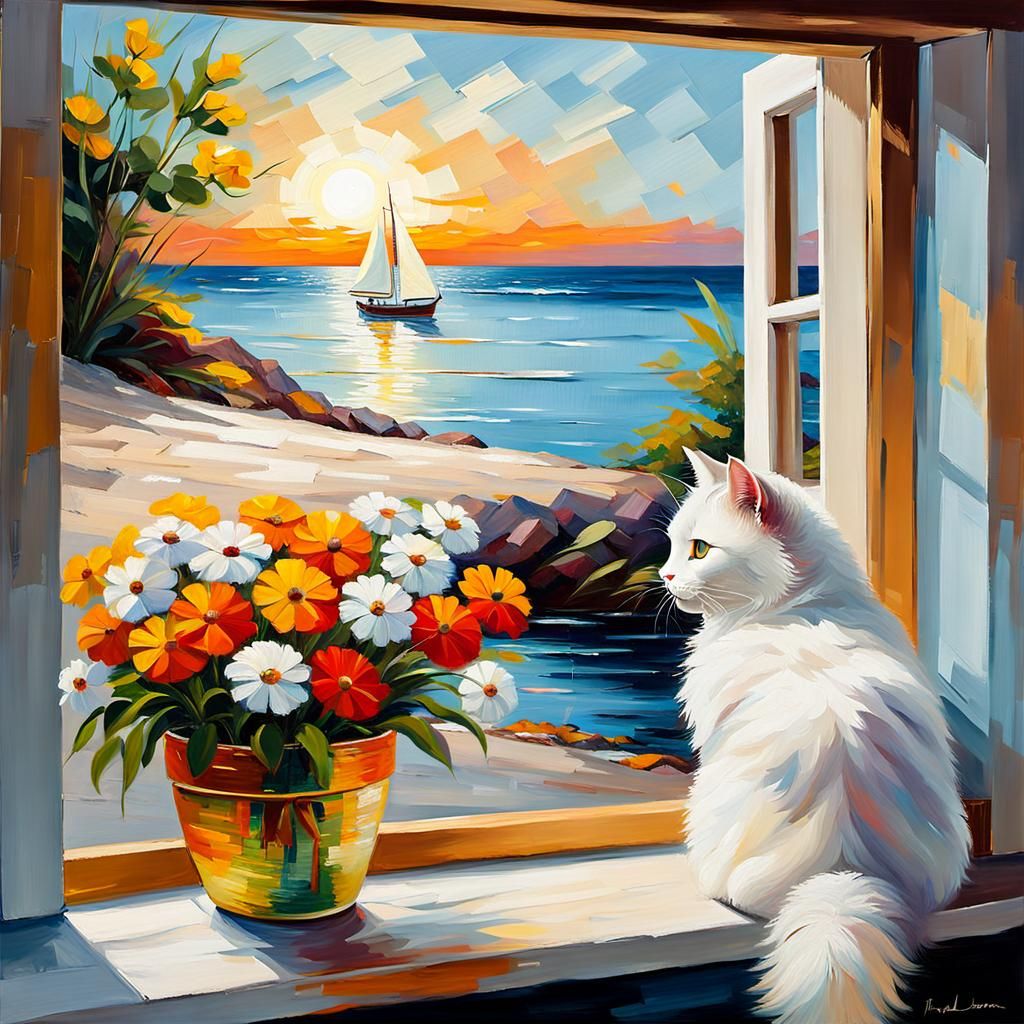 Impressionist Cat Views Beach at Golden Hour