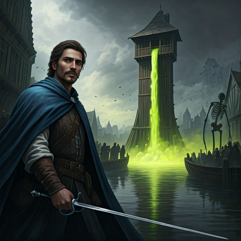 Hero Stands Ready Against Haunted Medieval City