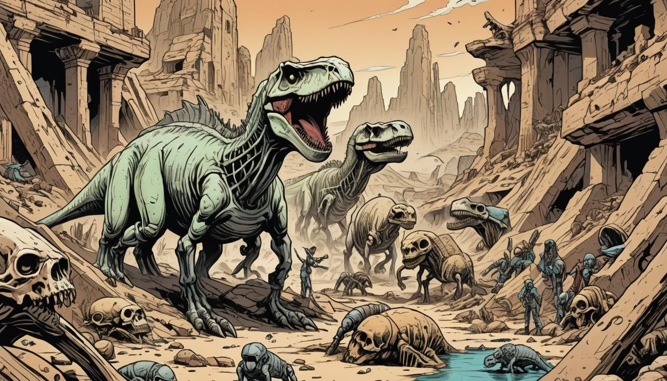 Retro Sci-Fi Comic Art: Martian Dinosaur Skeletons