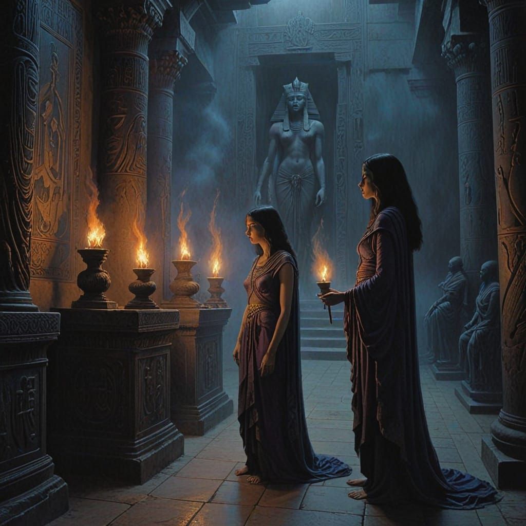 Ancient Egyptian Goddesses in Mystical Temple