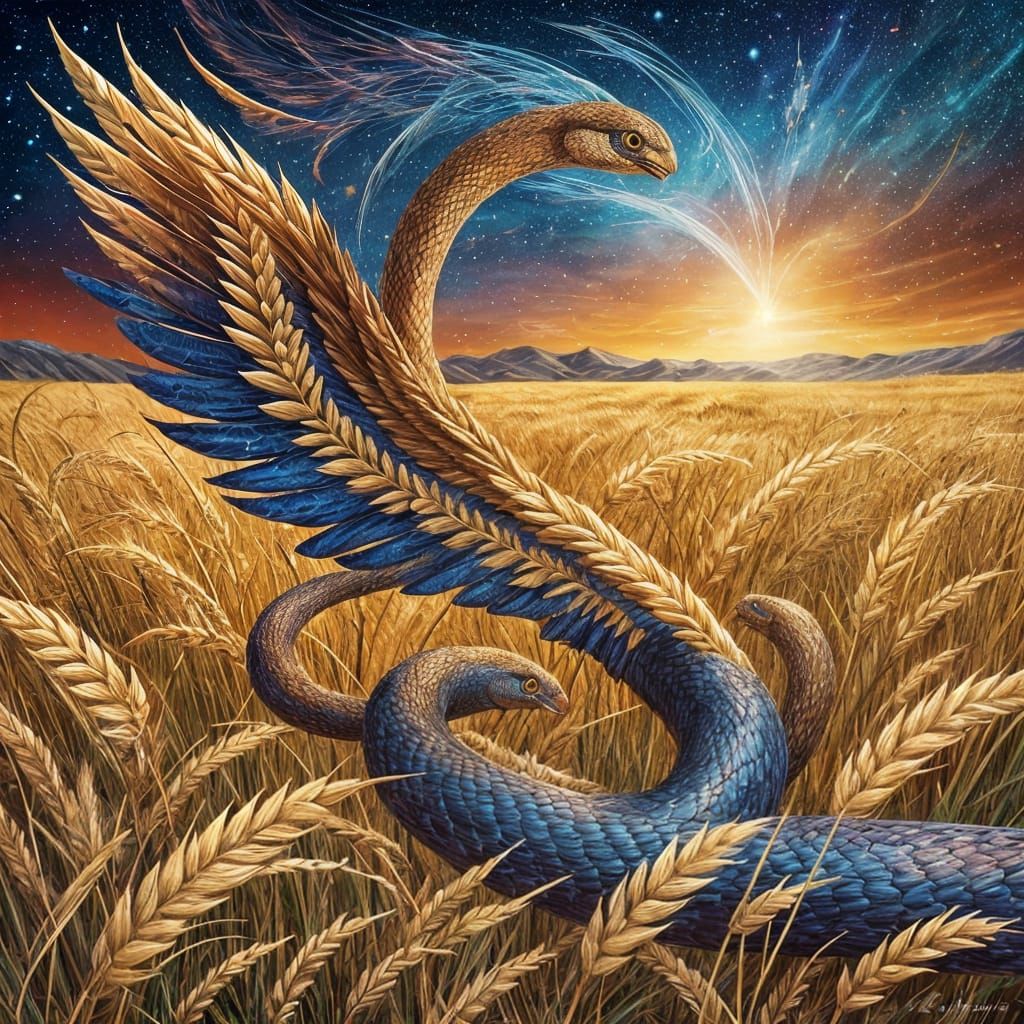 Winged Serpent Soaring Over Golden Wheat Field