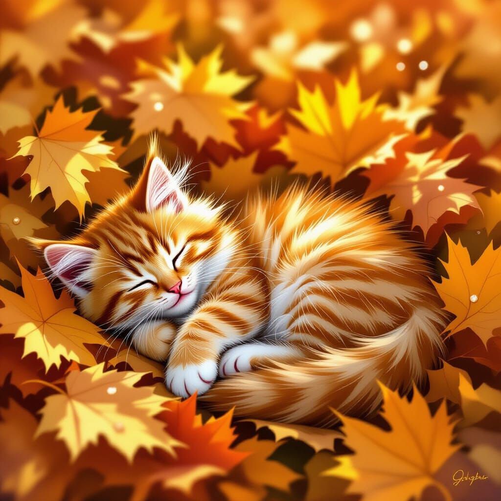 Fluffy Ginger Kitten Sleeping in Autumn Leaves