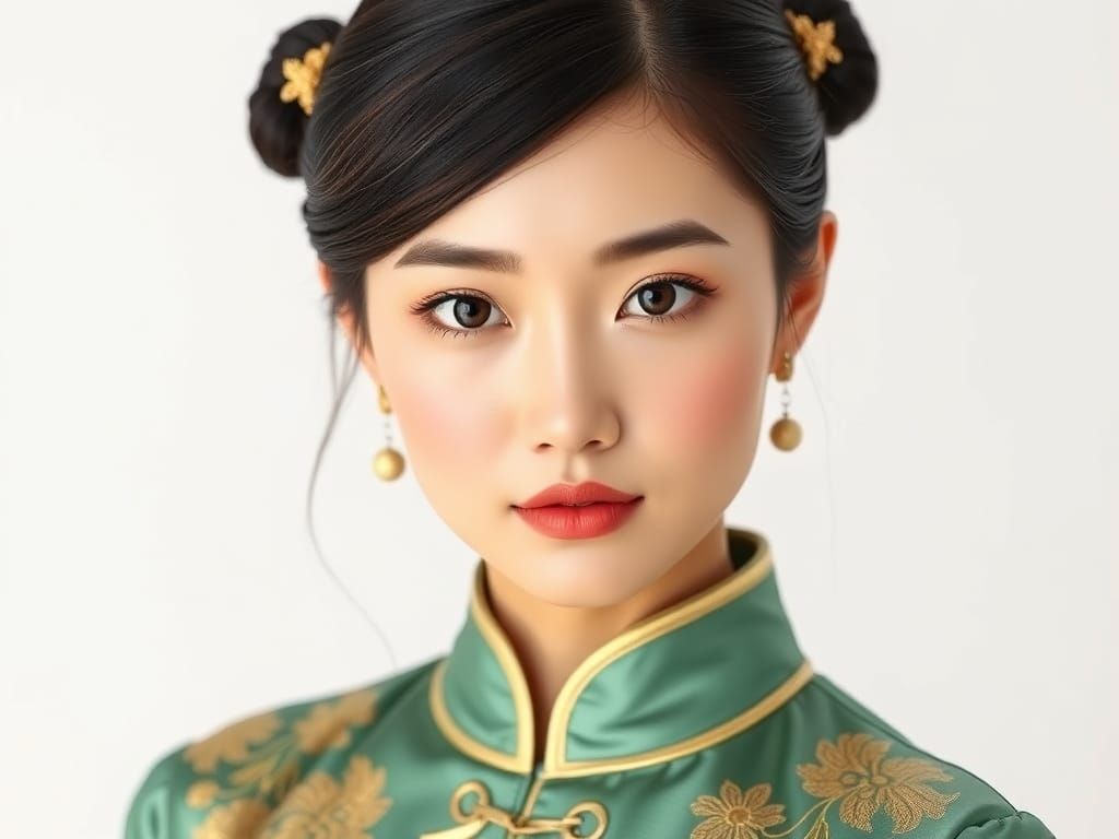 Elegant Chinese Woman in Jade Qipao, Hyperrealistic Portrait