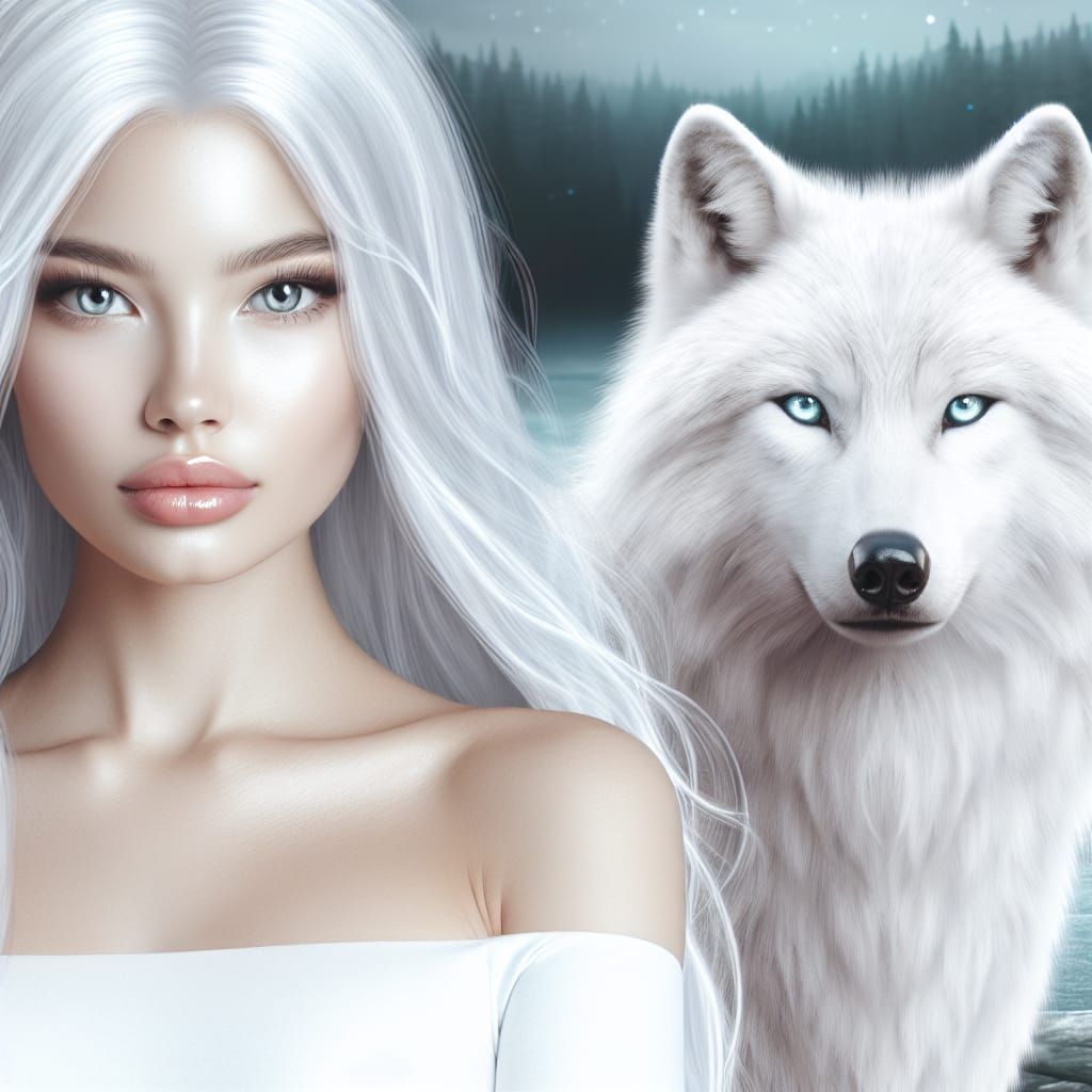 Woman and White Wolf in Serene Setting