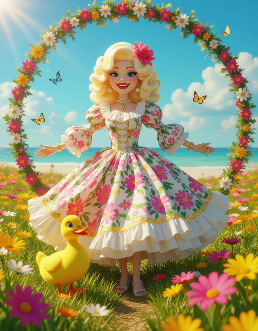 Dolly Parton in Folk Costume with Duck in Flower Meadow