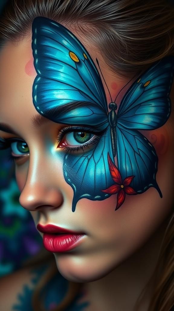 Woman's Face Tattoo: Hyperrealistic Butterfly Portrait