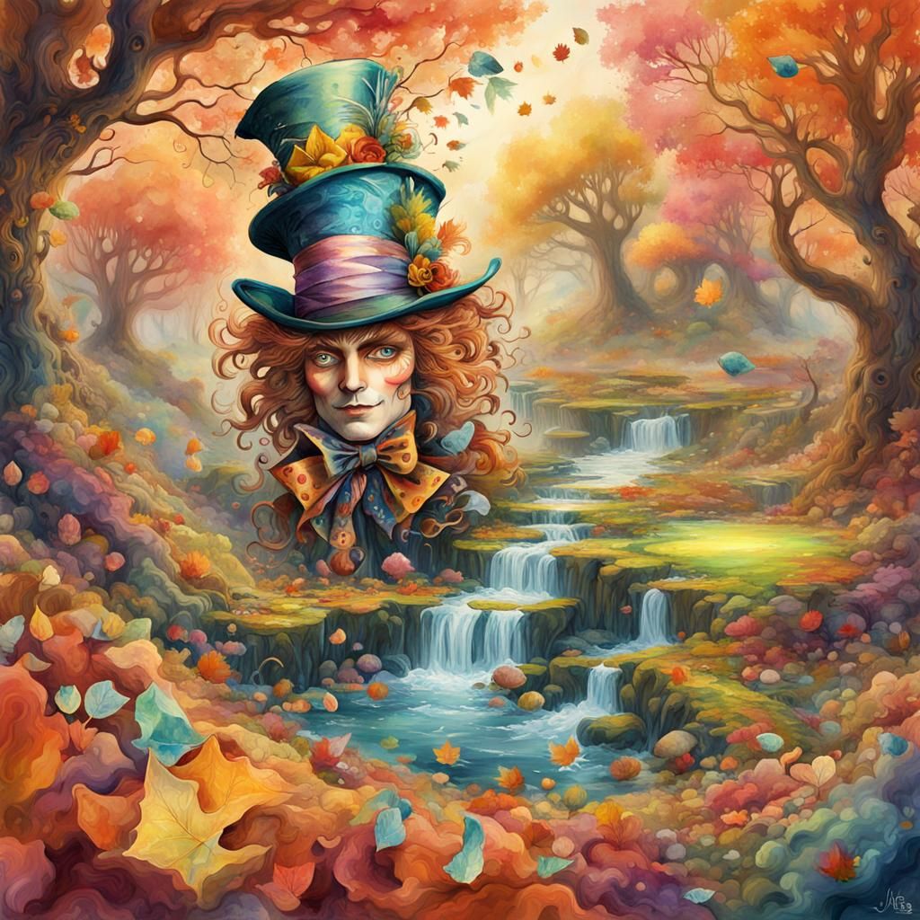 Mad Hatter's Autumn Wonderland in Watercolor Style