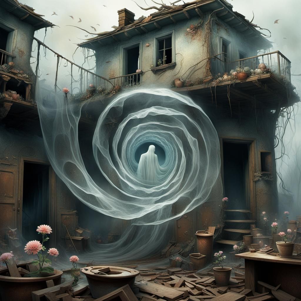 Ethereal Ghost Spirals Through Ruined House: Surreal Art