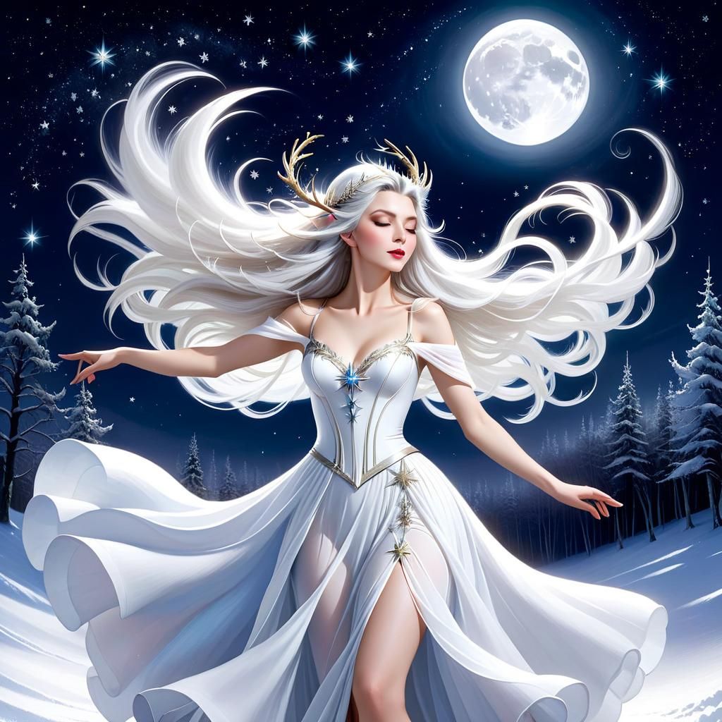 White Witch Dancing Under a Moonlit Sky