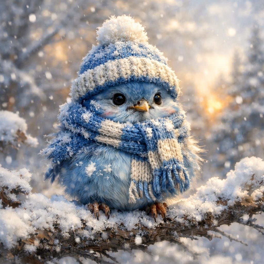 Cute Blue Chick in Winter Attire on Snowy Branch