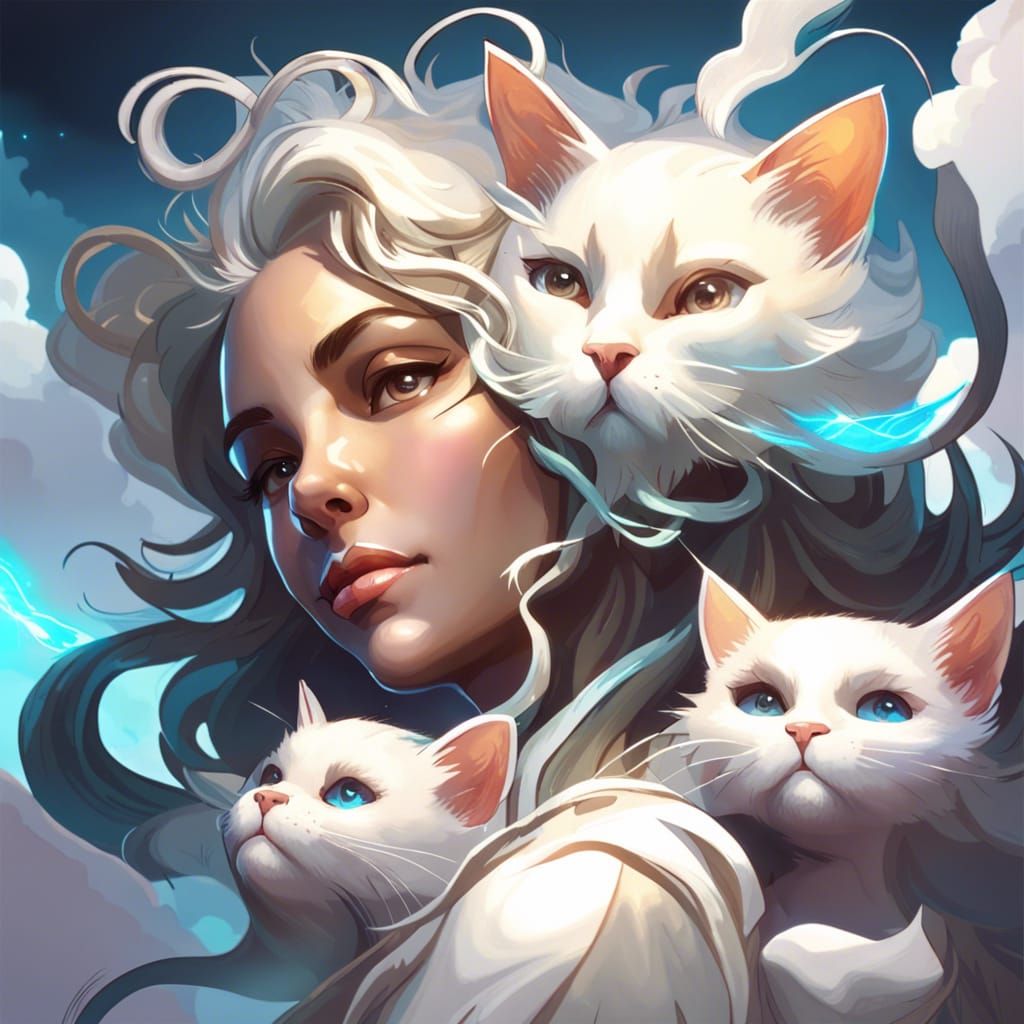 Ethereal Goddess with Ghost Cats in Heaven