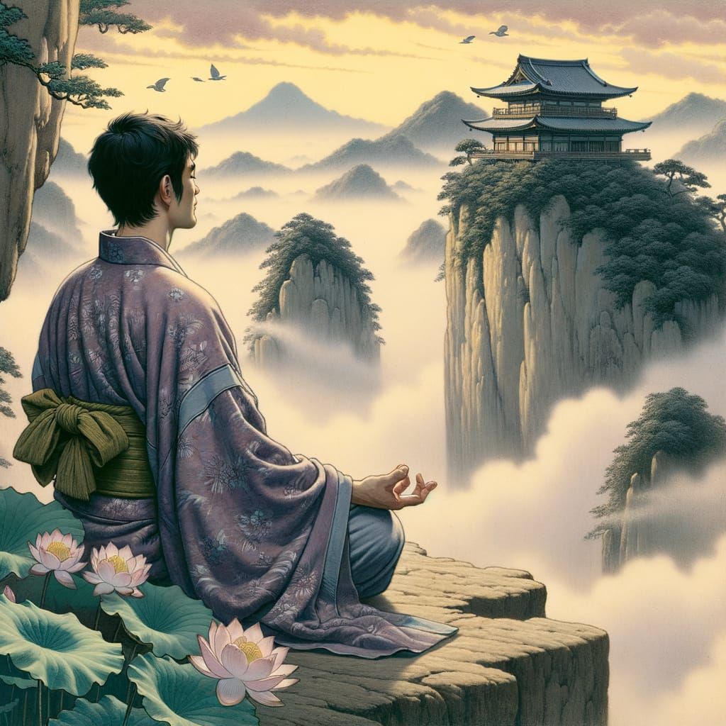 Meditating Man in Ukiyo-e Style Golden Hour Scene